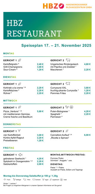Das Bild zeigt den Speiseplan des HBZ Restaurants für die Woche vom 15. bis 19. September 2025 mit verschiedenen Gerichten und Preisen.