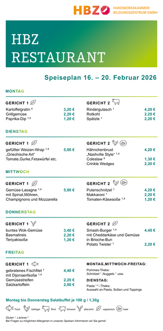 Das Bild zeigt den Speiseplan des HBZ Restaurants für die Woche vom 15. bis 19. September 2025 mit verschiedenen Gerichten und Preisen.