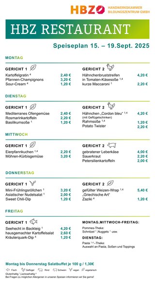 Das Bild zeigt den Speiseplan des HBZ Restaurants für die Woche vom 15. bis 19. September 2025 mit verschiedenen Gerichten und Preisen.