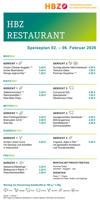Das Bild zeigt den Speiseplan des HBZ Restaurants für die Woche vom 15. bis 19. September 2025 mit verschiedenen Gerichten und Preisen.