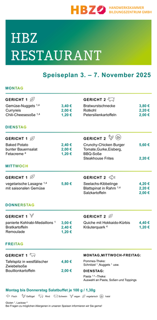 Das Bild zeigt den Speiseplan des HBZ Restaurants für die Woche vom 15. bis 19. September 2025 mit verschiedenen Gerichten und Preisen.