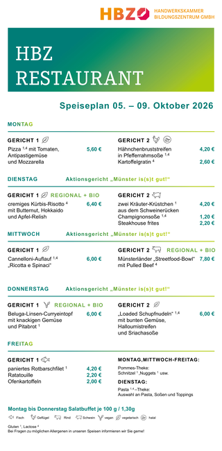 Das Bild zeigt den Speiseplan des HBZ Restaurants für die Woche vom 15. bis 19. September 2025 mit verschiedenen Gerichten und Preisen.
