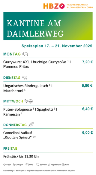 Das Bild zeigt den Speiseplan der Kantine am Daimlerweg für die Woche vom 28. Juni bis 1. August 2025, mit Frühstückszeiten von 11:00 Uhr.