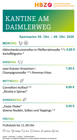Das Bild zeigt den Speiseplan der Kantine am Daimlerweg für die Woche vom 28. Juni bis 1. August 2025, mit Frühstückszeiten von 11:00 Uhr.