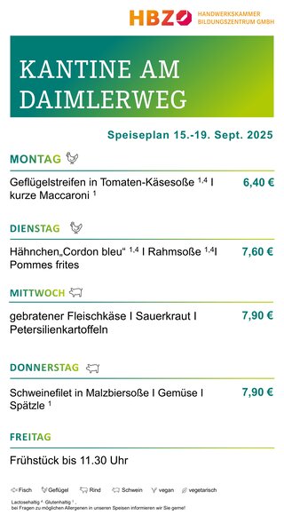 Das Bild zeigt den Speiseplan der Kantine am Daimlerweg für die Woche vom 15. bis 19. September 2025 mit verschiedenen Gerichte für jeden Tag.